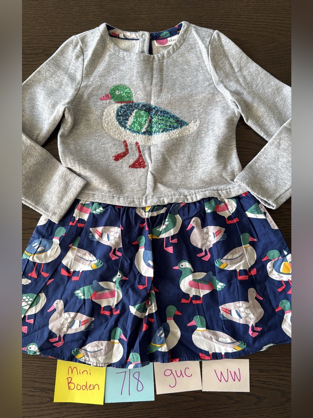 Mini Boden Gray Top with Navy Duck-Print dress
